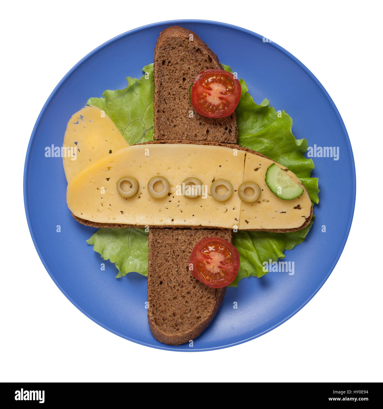 Tasty sandwich plane made on blue plate Stock Photo Alamy