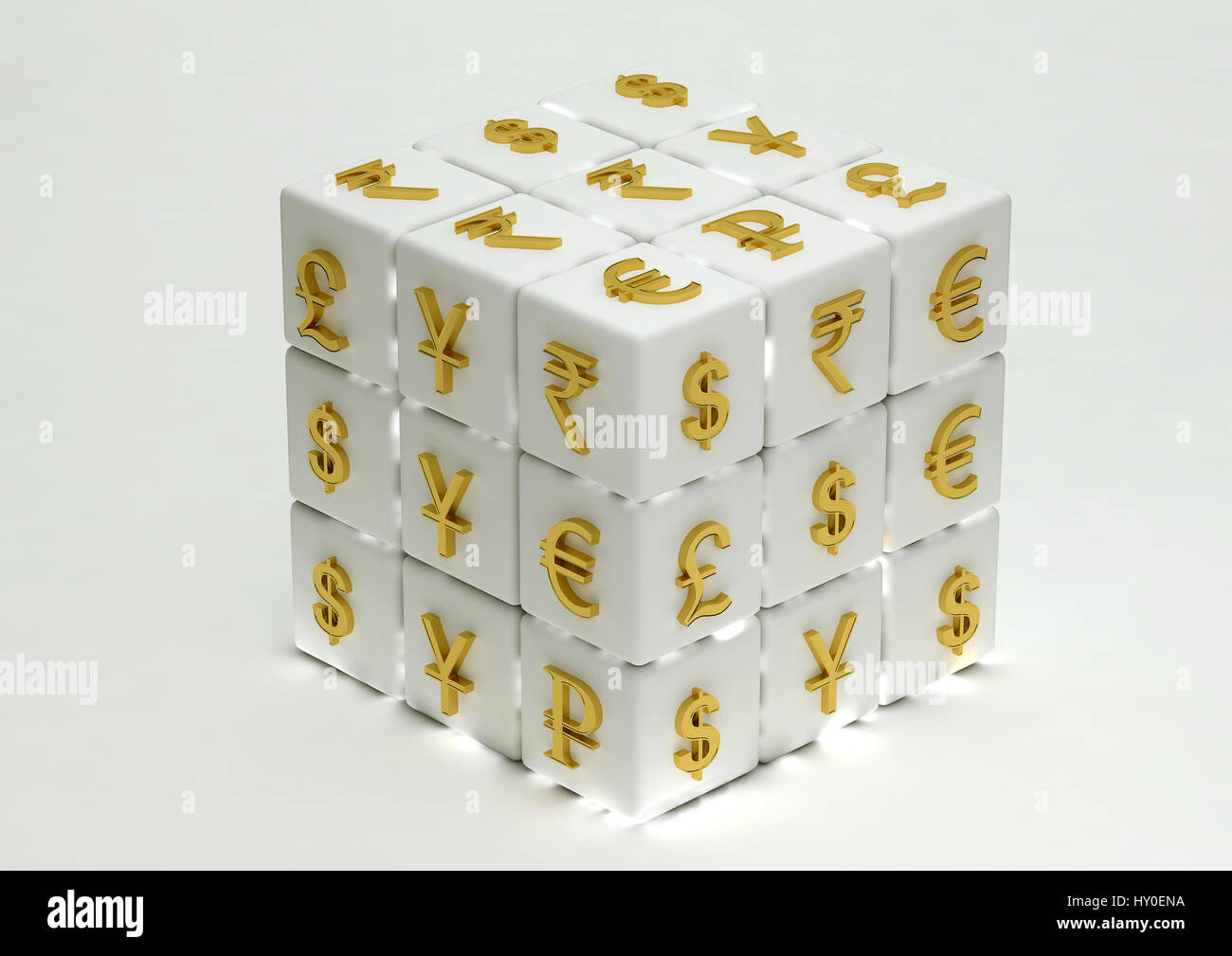 Cube of International currency symbols Stock Photo
