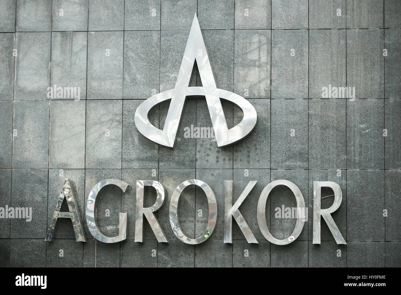 ZAGREB, CROATIA - MARCH 19, 2017 : Logo of Agrokor on the skyscraper Cibona owned by Agrokor concern in Zagreb. Agrokor is the biggest private Croatia Stock Photo