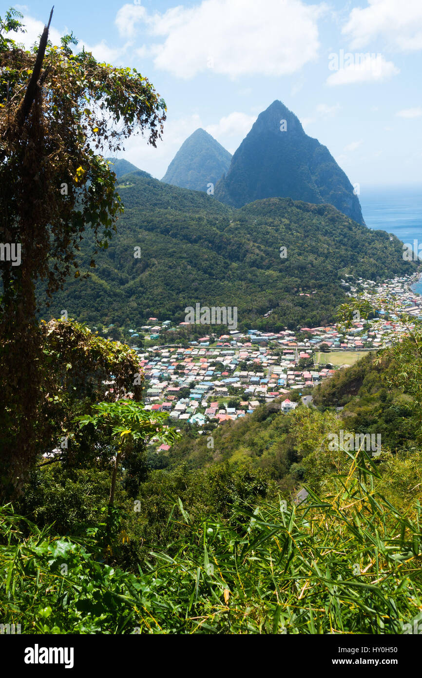The old French capital of St Lucia, Soufriere, with Petit Piton and Gros Piton (2 volcanic plugs) in the background Stock Photo
