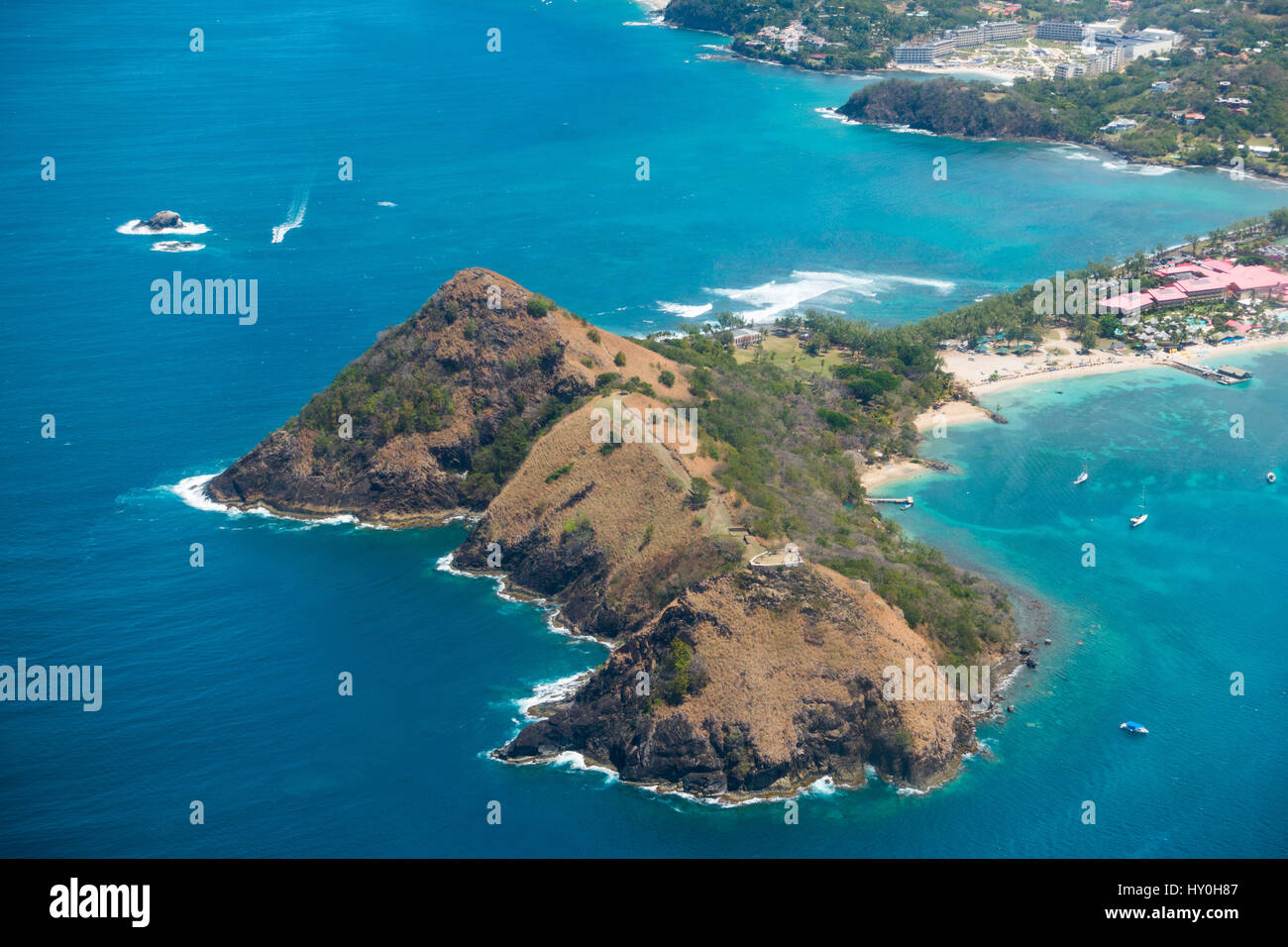 Pigeon Island, St Lucia, from the air with the causeway attaching it to