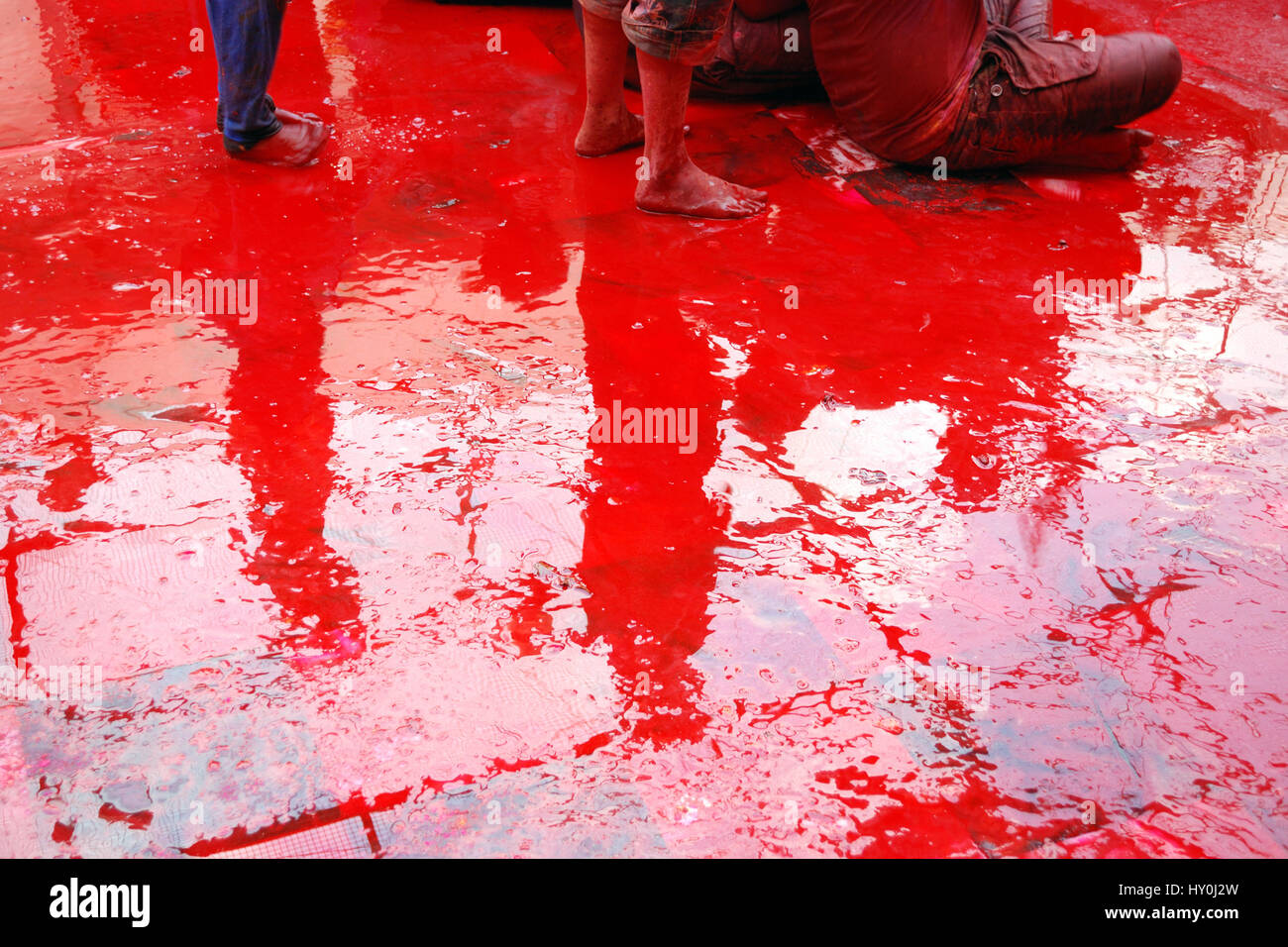 Red colour on floor of temple, jodhpur, rajasthan, india, asia Stock Photo