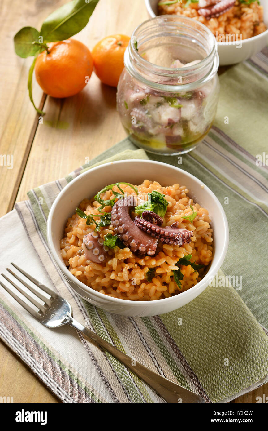 risotto with octopus Traditional Italian recipe closeup Stock Photo