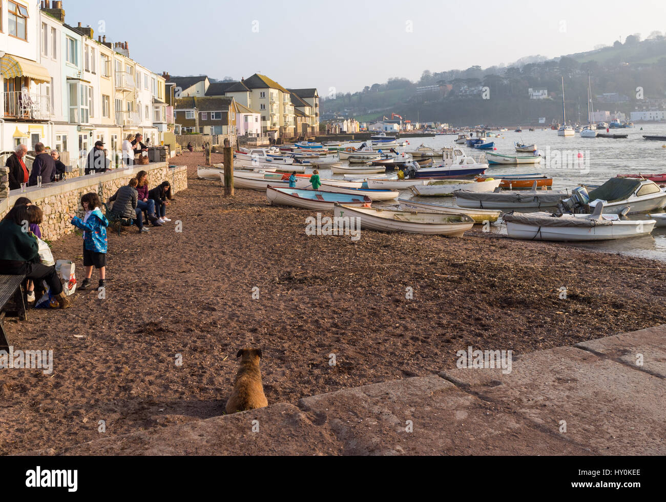 Riverside scene on the beach at Teignmouth, Devon, UK. with Shaldon