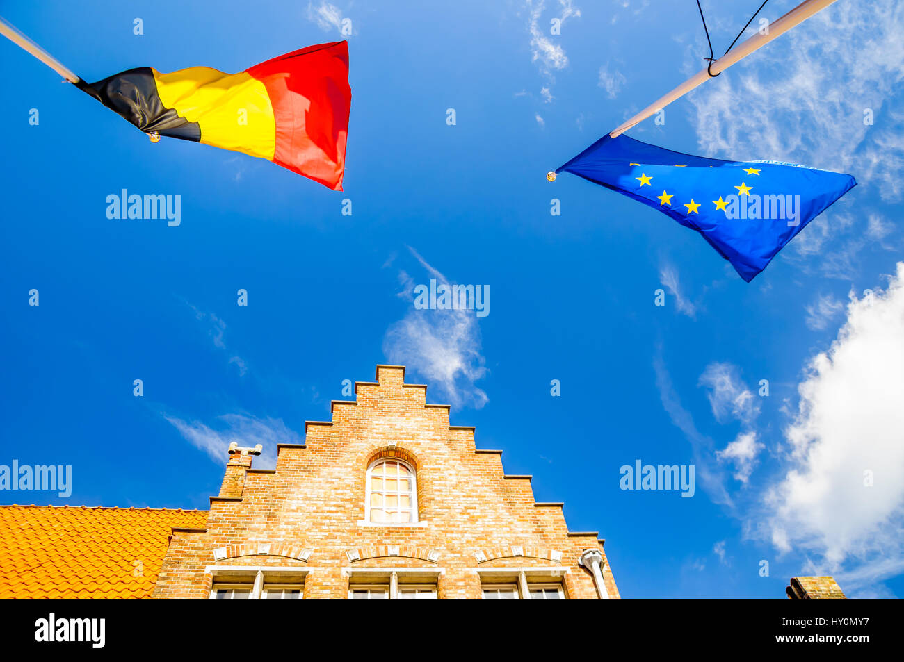 Flag of Belgium and EU in Bruge in the wind Stock Photo