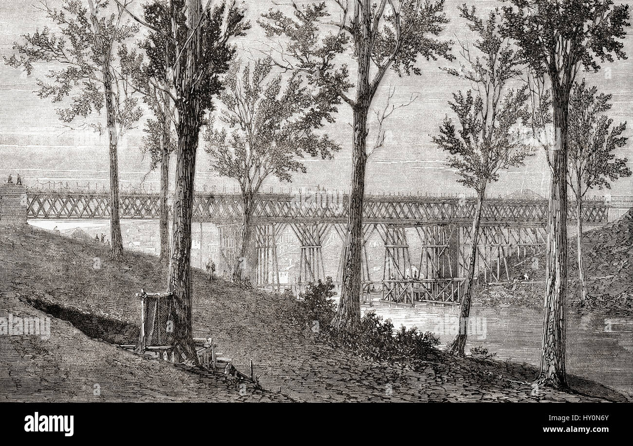 First railway bridge over the Bremer River, North Ipswich, City of Ipswich, Queensland, Australia circa 1866.  From L'Univers Illustre published 1867. Stock Photo
