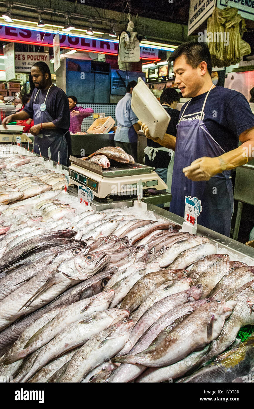 Fish sit on ice as man weighs a customer's order at fish stall in
