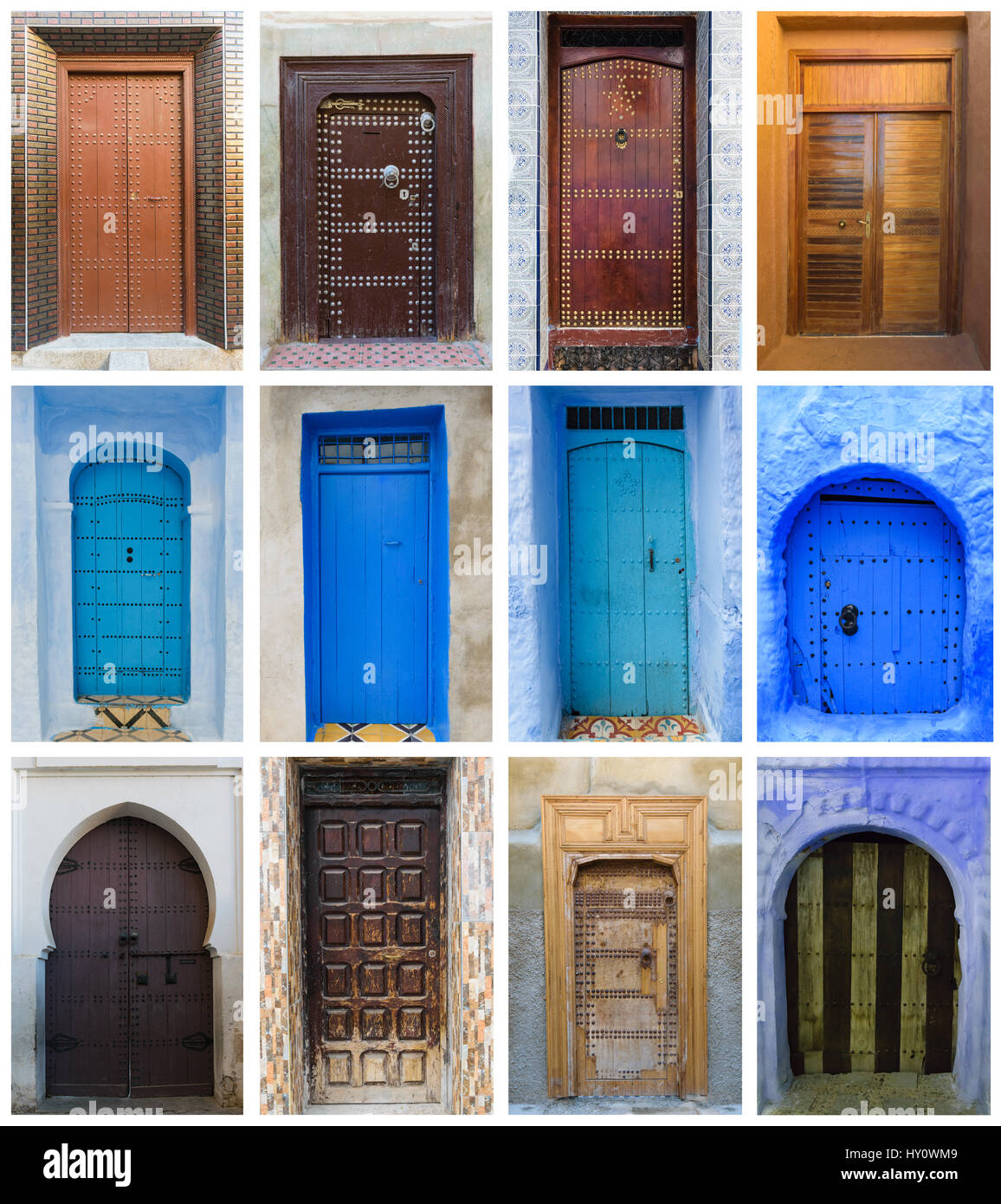 Collage of brown and blue doors in Morocco Stock Photo