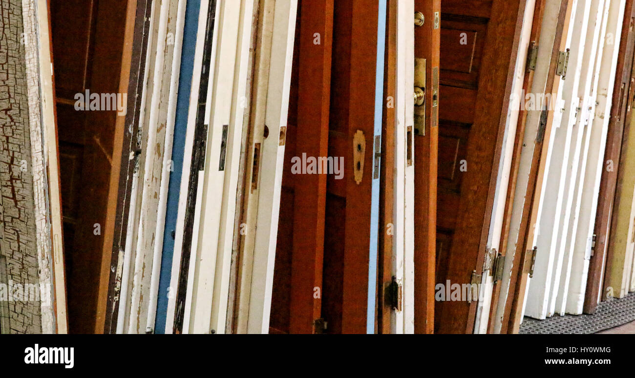 Rescued Salvaged doors from razed buildings Stock Photo