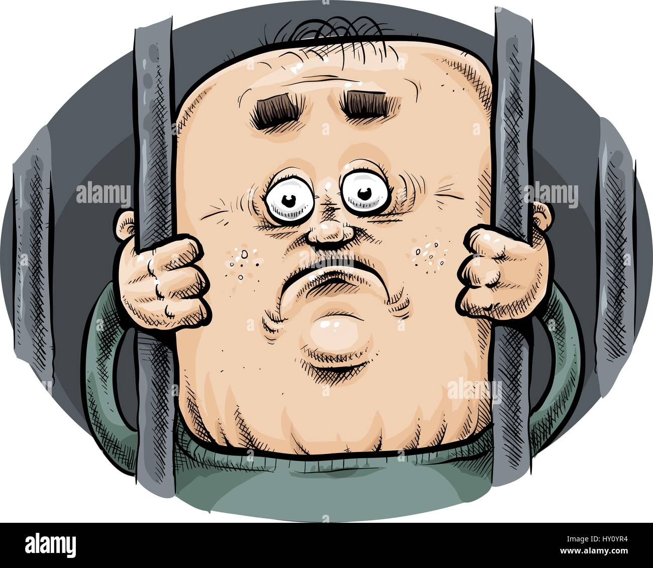 A cartoon prisoner looks sadly from behind bars. Stock Vector