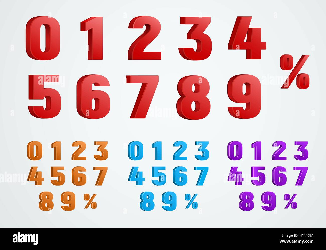 set of 3D numbers from 0 to 9 and a percentage sign. Templates of red, blue and purple. Vector illustration Stock Vector