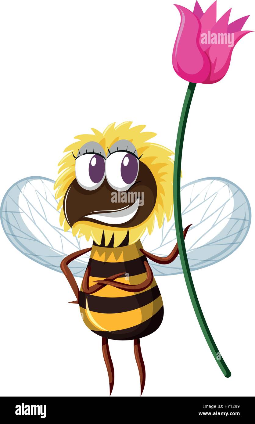 Cute bee holding pink flower illustration Stock Vector Image & Art - Alamy