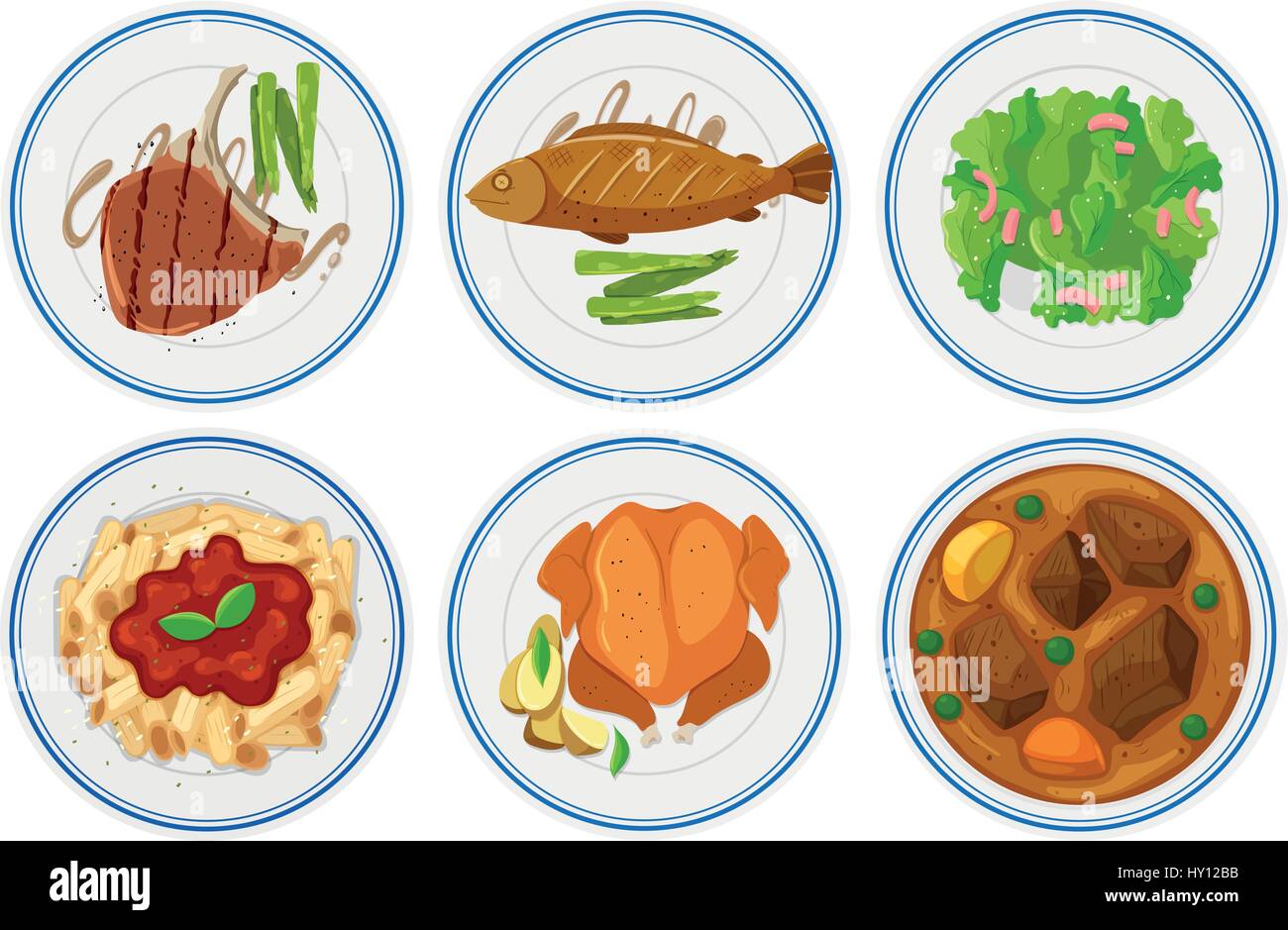 Different types of food on the plates illustration Stock Vector Image