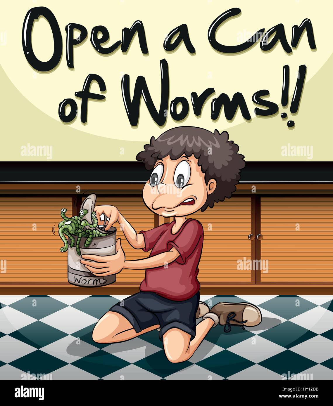 Idiom phrase on poster for open can of worms illustration Stock Vector