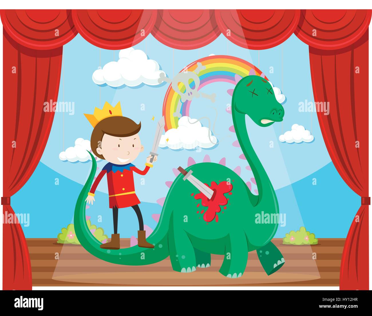 Prince killed dragon on stage illustration Stock Vector