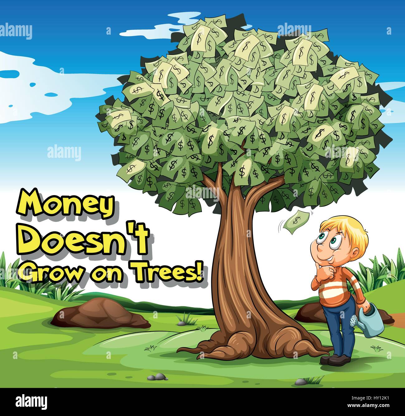 Idiom poster with money doesn't grow on trees illustration Stock Vector