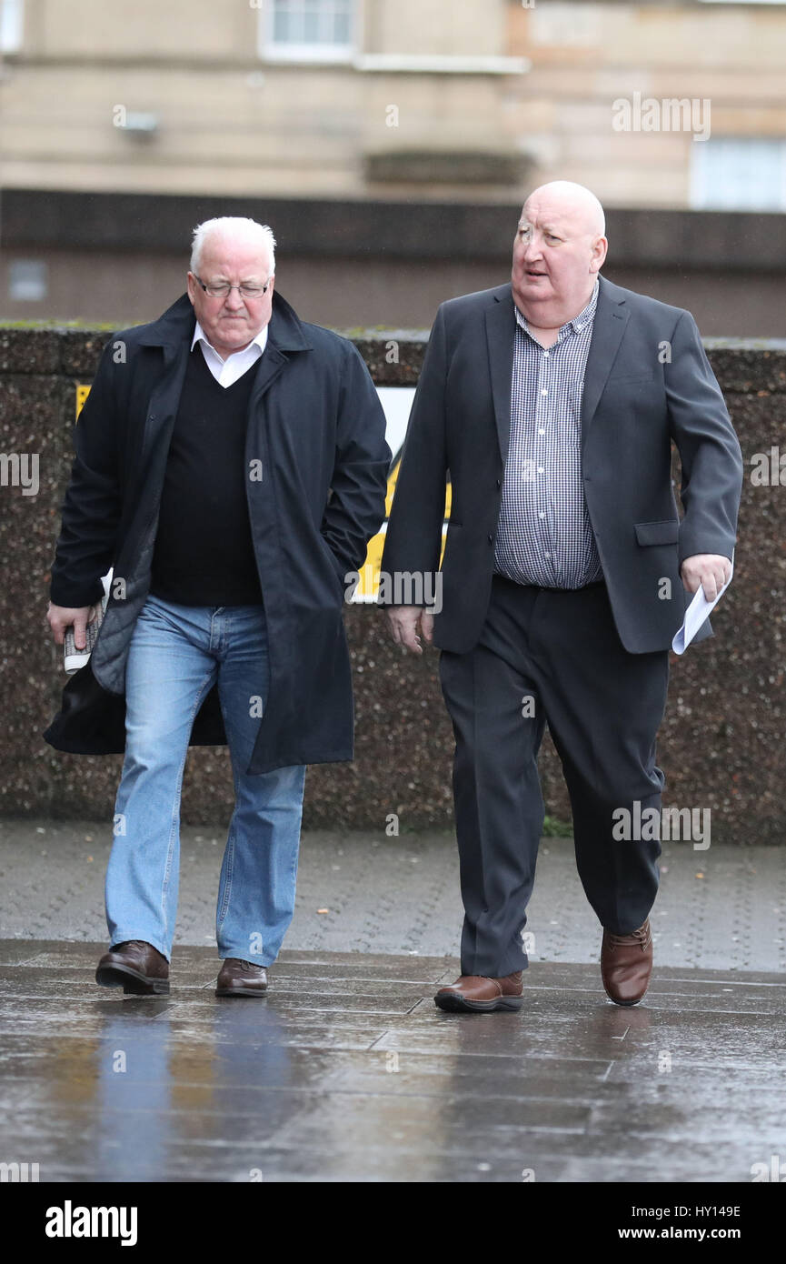 RETRANSMISSION AMENDING LEFT TO RIGHT Harry Clarke (right), the driver of a bin lorry which crashed killing six people in 2014, arriving , with an unidentified man, at Glasgow Sheriff Court where he will be sentenced for culpable and reckless driving on a separate occasion nine months after the tragedy. Stock Photo