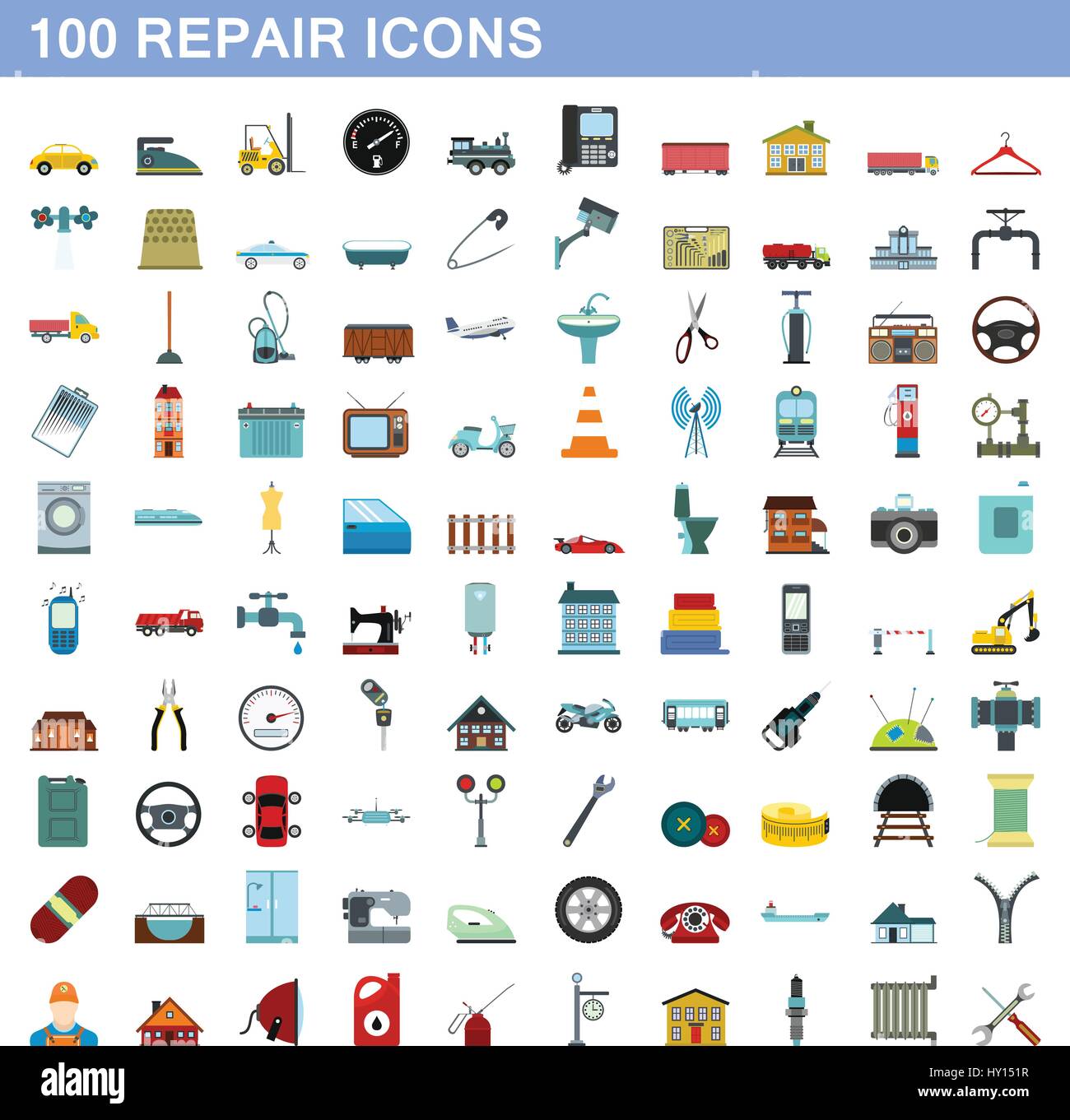 100 repair icons set, flat style Stock Vector