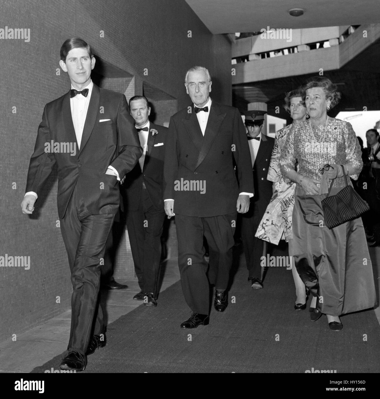 Back from his engagements in Wales, Prince Charles is seen arriving at the Royal Festival Hall, London, with Admiral of the Fleet Earl Mountbatten of Burma. They were attending a royal occasion - Princess Irene of Greece making her debut as a pianist at the Festival Hall. Stock Photo