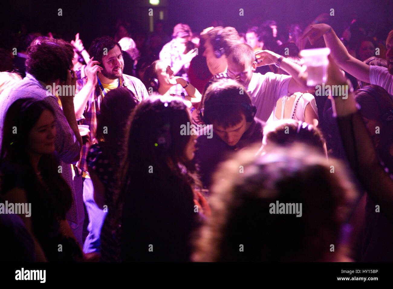 People dancing at a silent disco, SWN festival, Cardiff Stock Photo