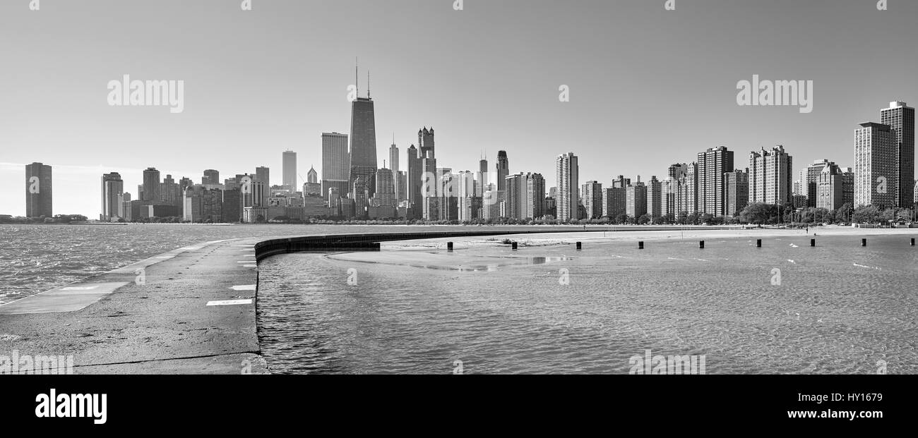 Black and white panoramic view of Chicago waterfront skyline from the ...