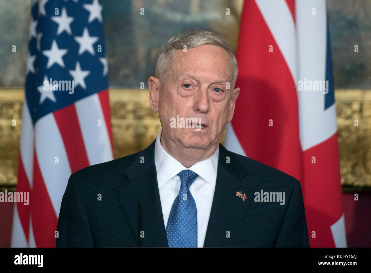 US Defence Secretary James Mattis during a joint press conference with Defence Secretary Sir Michael Fallon (not in picture) at Lancaster House in London. Stock Photo