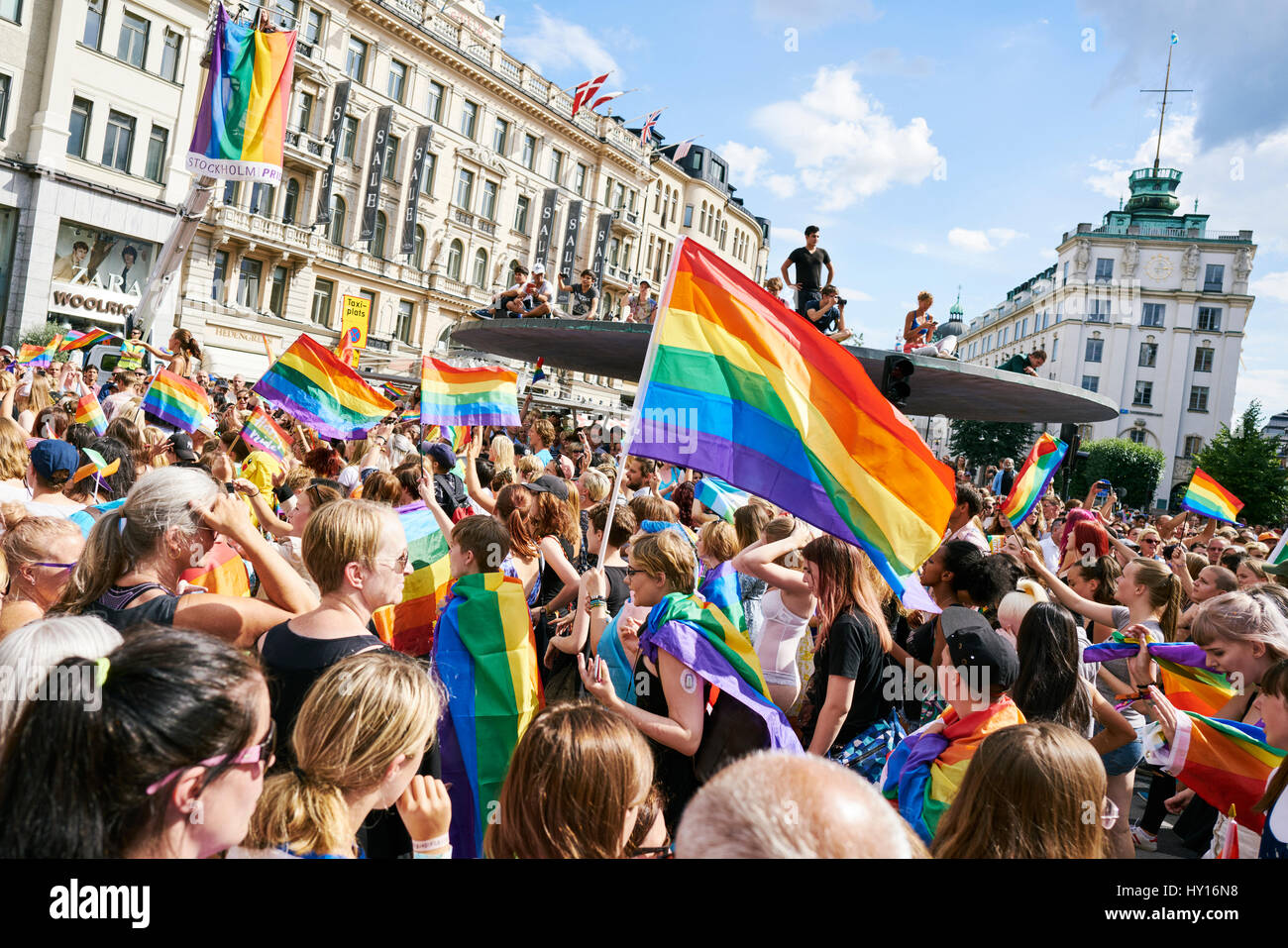 Sweden, Uppland, Stockholm, Ostermalm, Stureplan, Crowd at gay pride parade Stock Photo