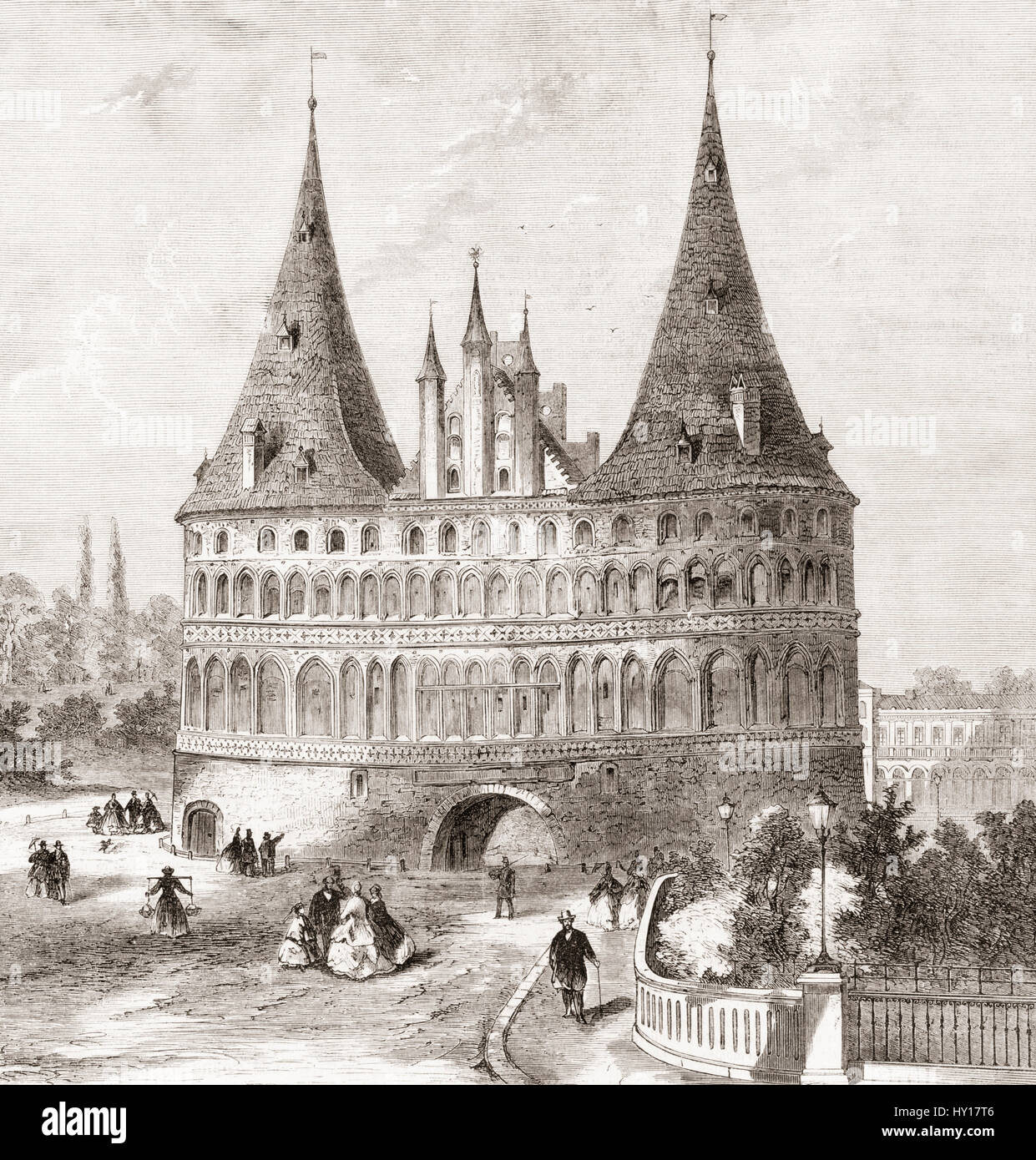 The Holsten Gate aka Holstein Tor or Holstentor, Lübeck, Schleswig-Holstein, northern Germany in the 19th century.  From L'Univers Illustre published 1867. Stock Photo