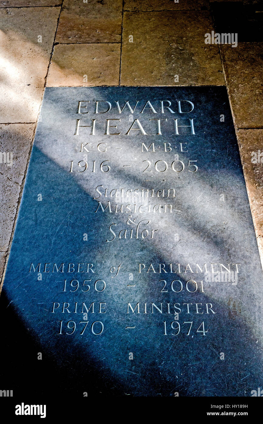 Grave with  memorial plaque for Edward Heath in Salisbury Cathedral in Wiltshire, UK. Stock Photo