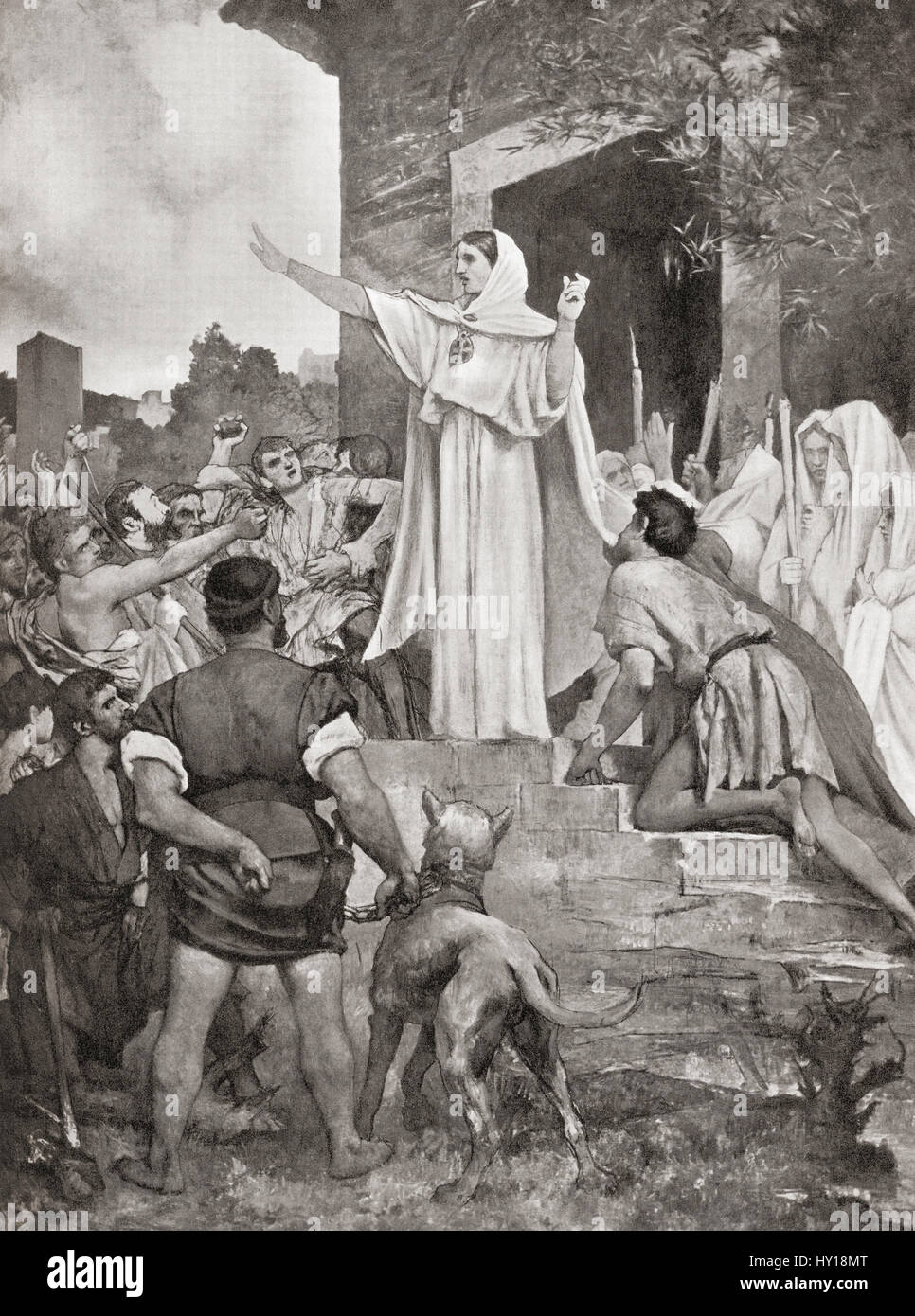 St. Genevieve calming the Parisians on the approach of Attila the Hun, 451AD.  From Hutchinson's History of the Nations, published 1915. Stock Photo