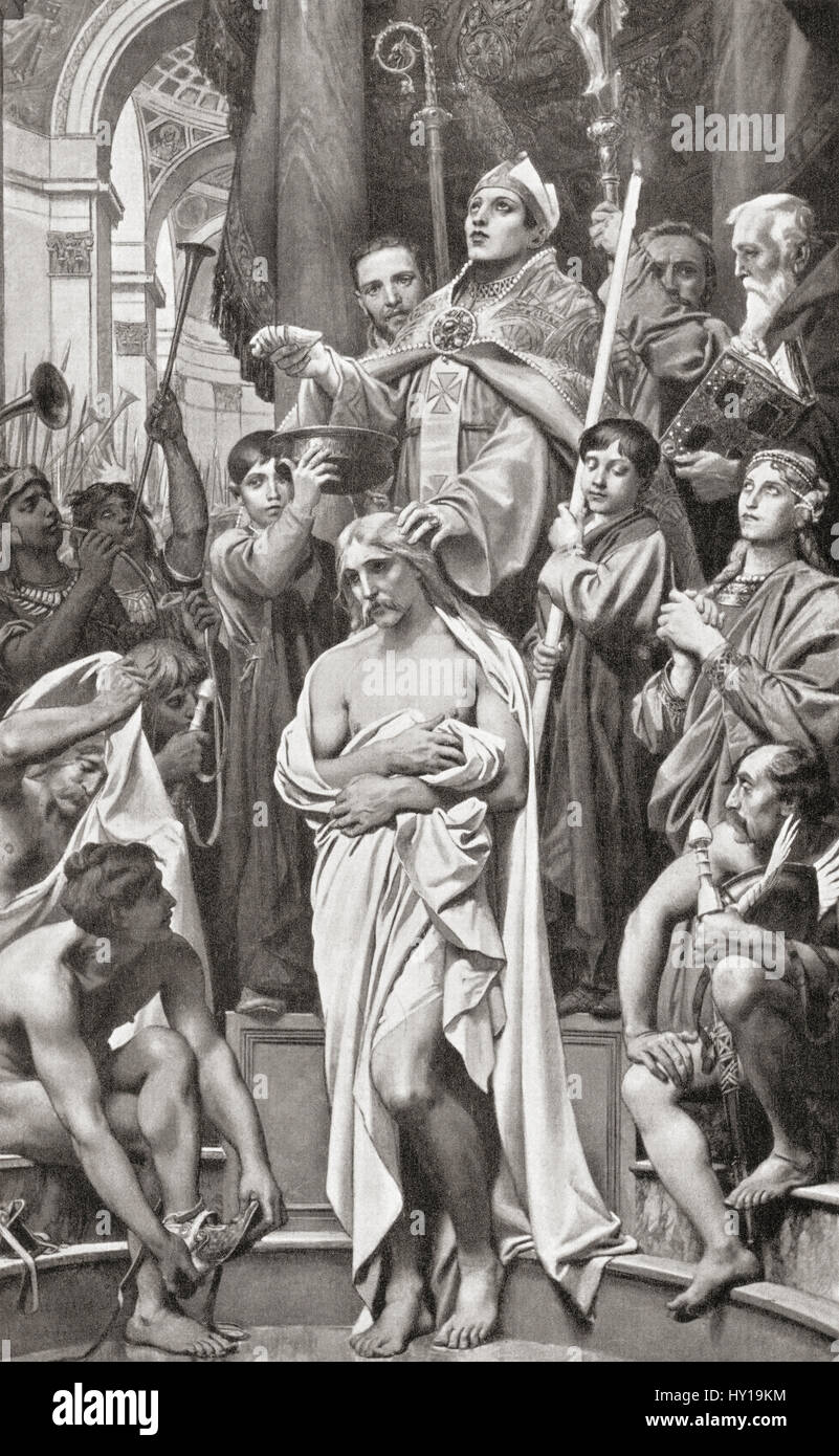 The baptism of Clovis in Rheims, France, 508 AD.  Clovis I,  c. 466 – 511.  King of the Franks.  From Hutchinson's History of the Nations, published 1915. Stock Photo