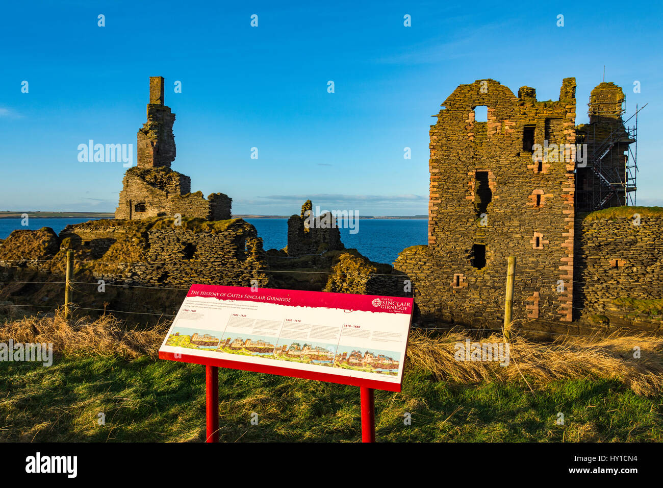 Information board at Castle Sinclair Girnigoe, Noss Head, near Wick, Caithness, Scotland, UK Stock Photo