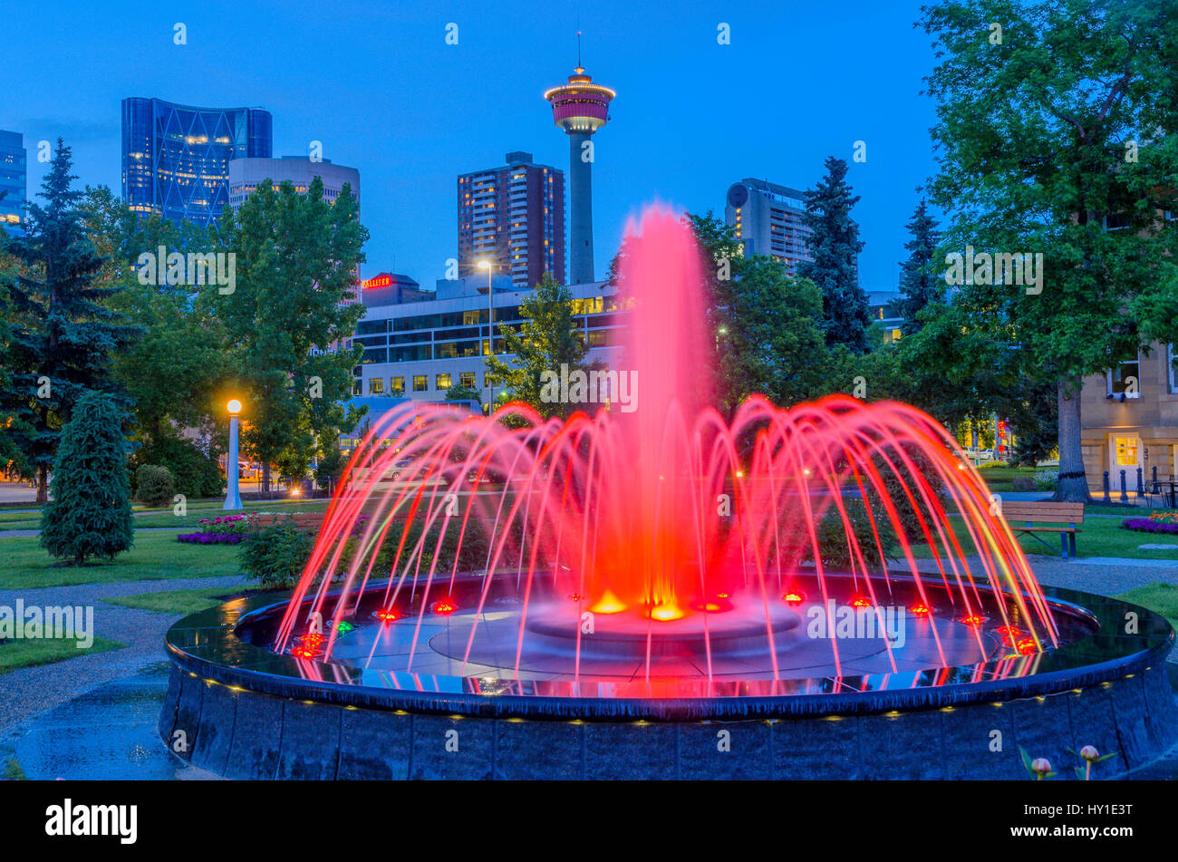 Illuminated fountain with the Calgary Tower in the distance, Central