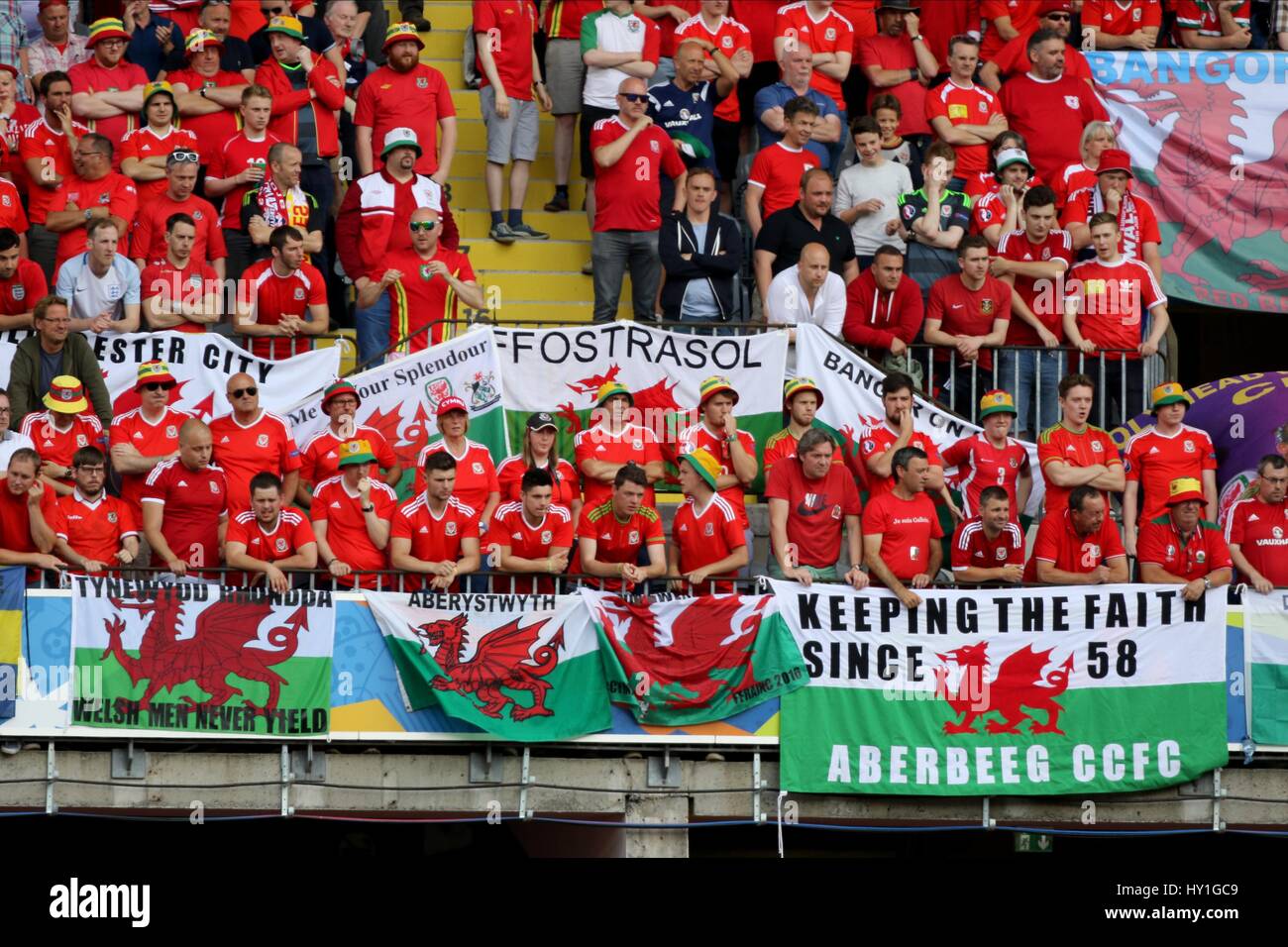 WALES FANS IN THE STADIUM ENGLAND V WALES STADE FELIX BOLLAERT-DELELIS LENS FRANCE 16 June 2016 Stock Photo