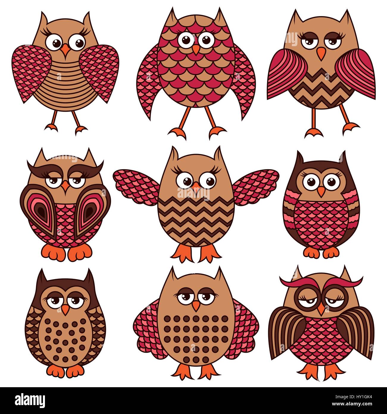 Set of nine colourful cartoon ornate funny owls isolated on the white background, vector illustration Stock Vector