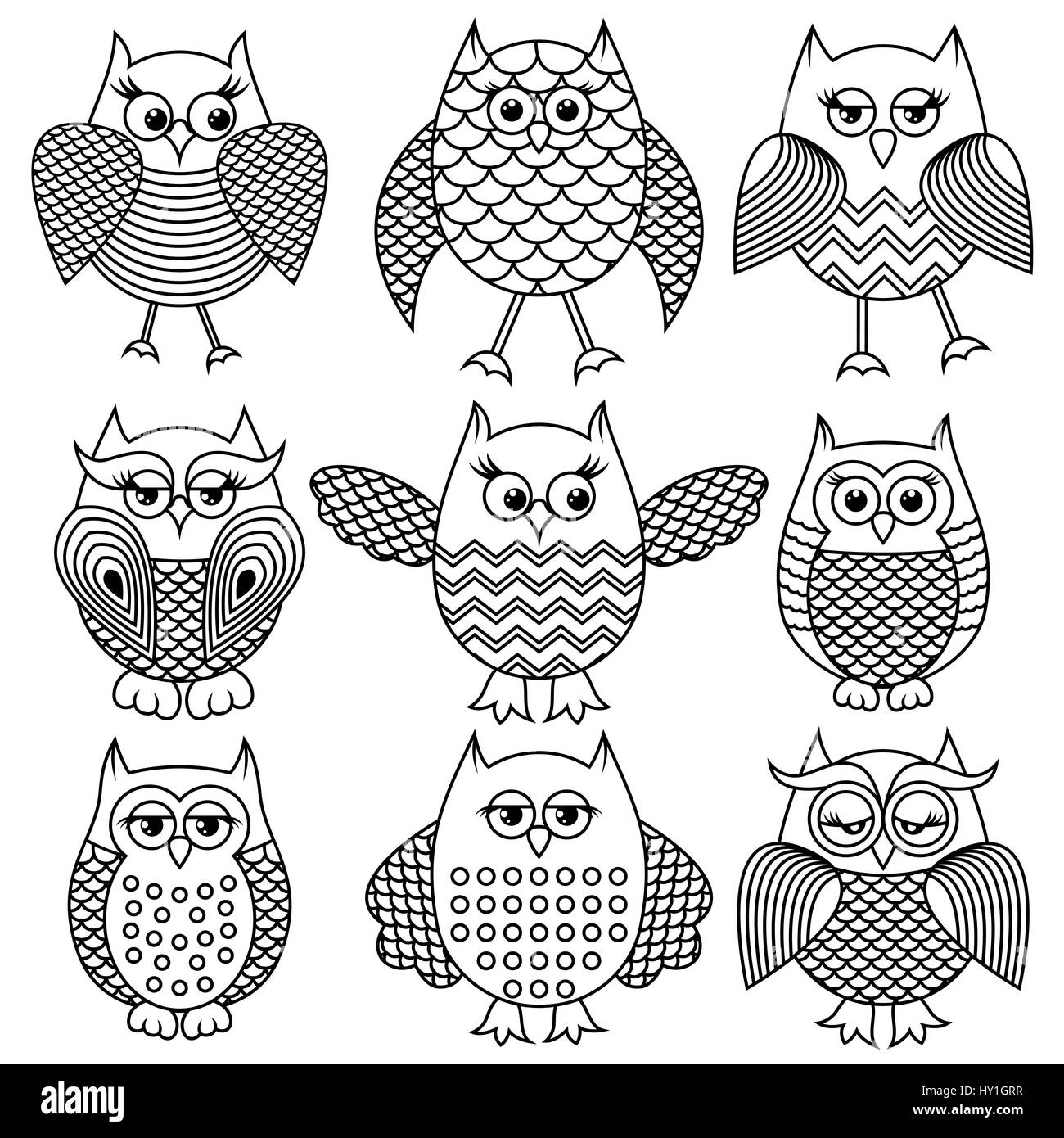 Set of nine cartoon ornate amusing owl outlines with big eyes isolated on the white background, vector illustration Stock Vector