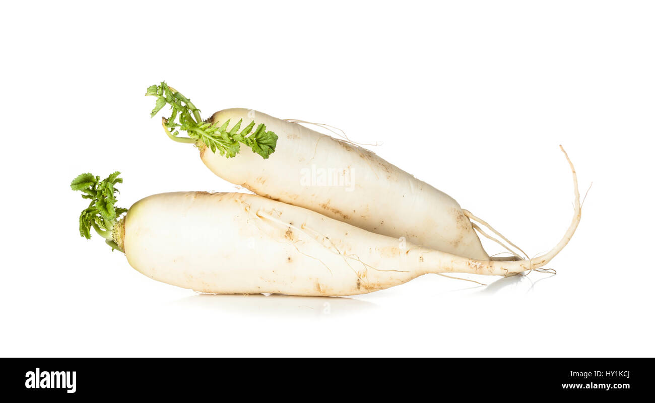 Raw Daikon radish isolated on white background Stock Photo