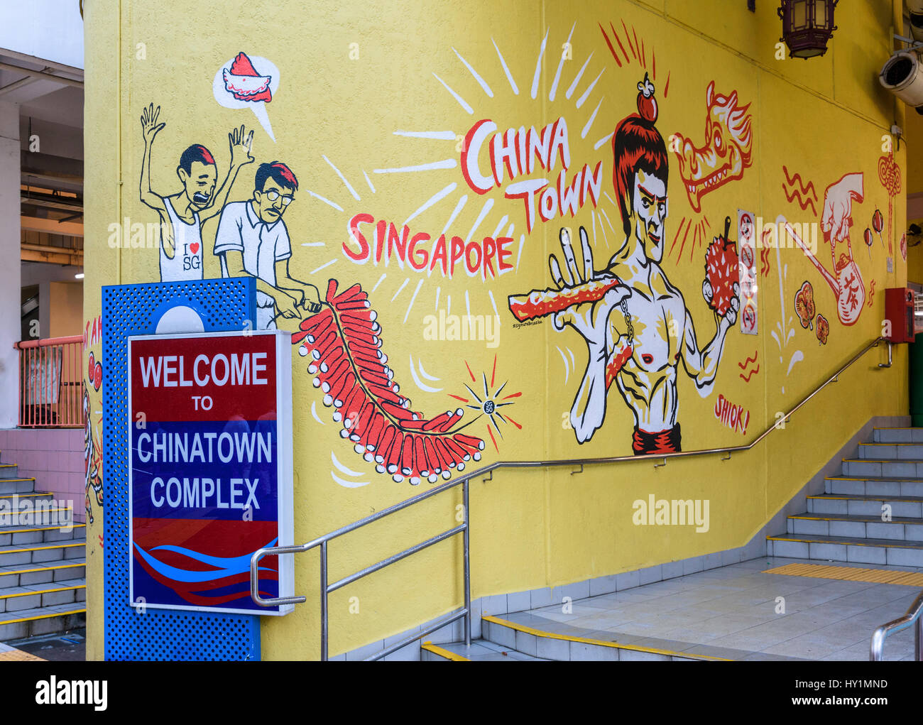 Wall mural graffiti art at the entrance to the Chinatown Complex, Chinatown, Singapore Stock Photo