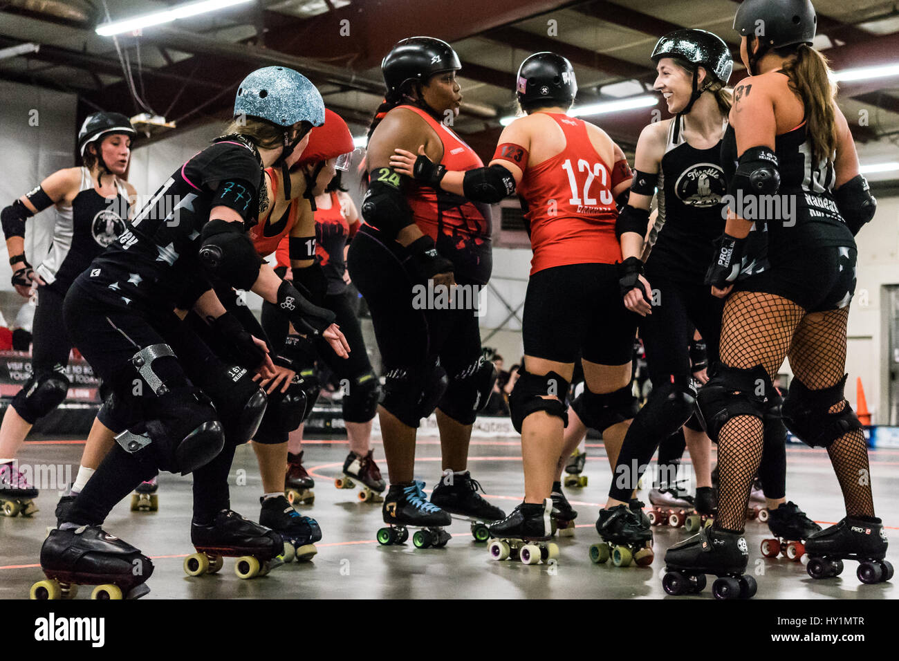 Rat City Roller Girls derby match drew a local crowd of enthusiasts who  cheered them on. Seattle, Washington Stock Photo - Alamy