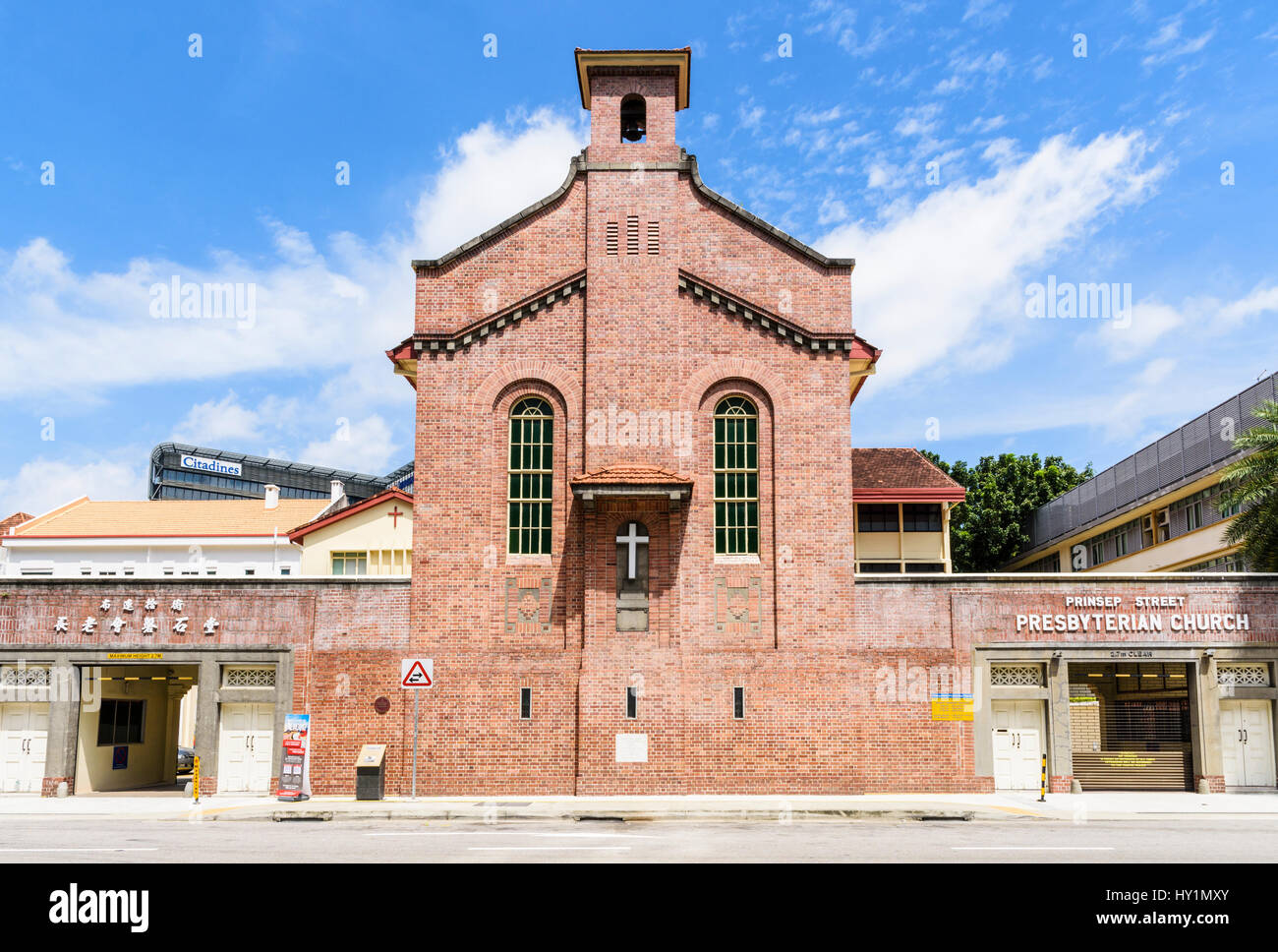 The red brick facade of Prinsep Street Presbyterian Church, Singapore Stock Photo
