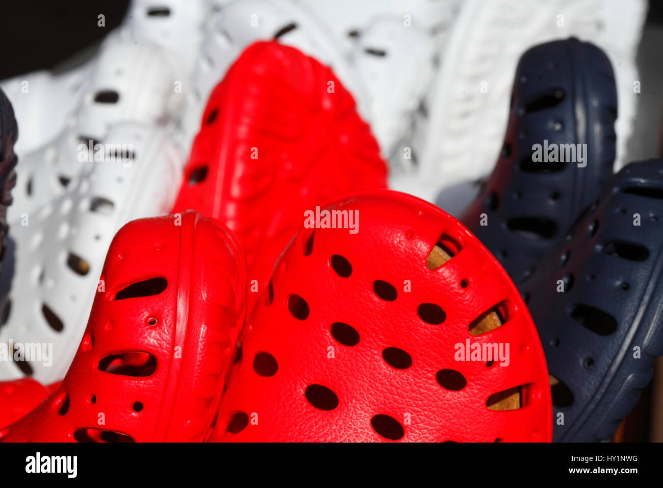Red  Summer  Shoes at a shoe stand Stock Photo