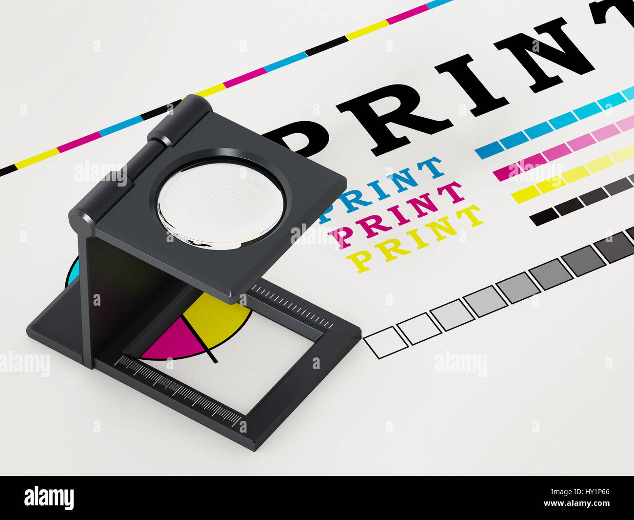 Printing loupe standing on colour test paper. 3D illustration. Stock Photo