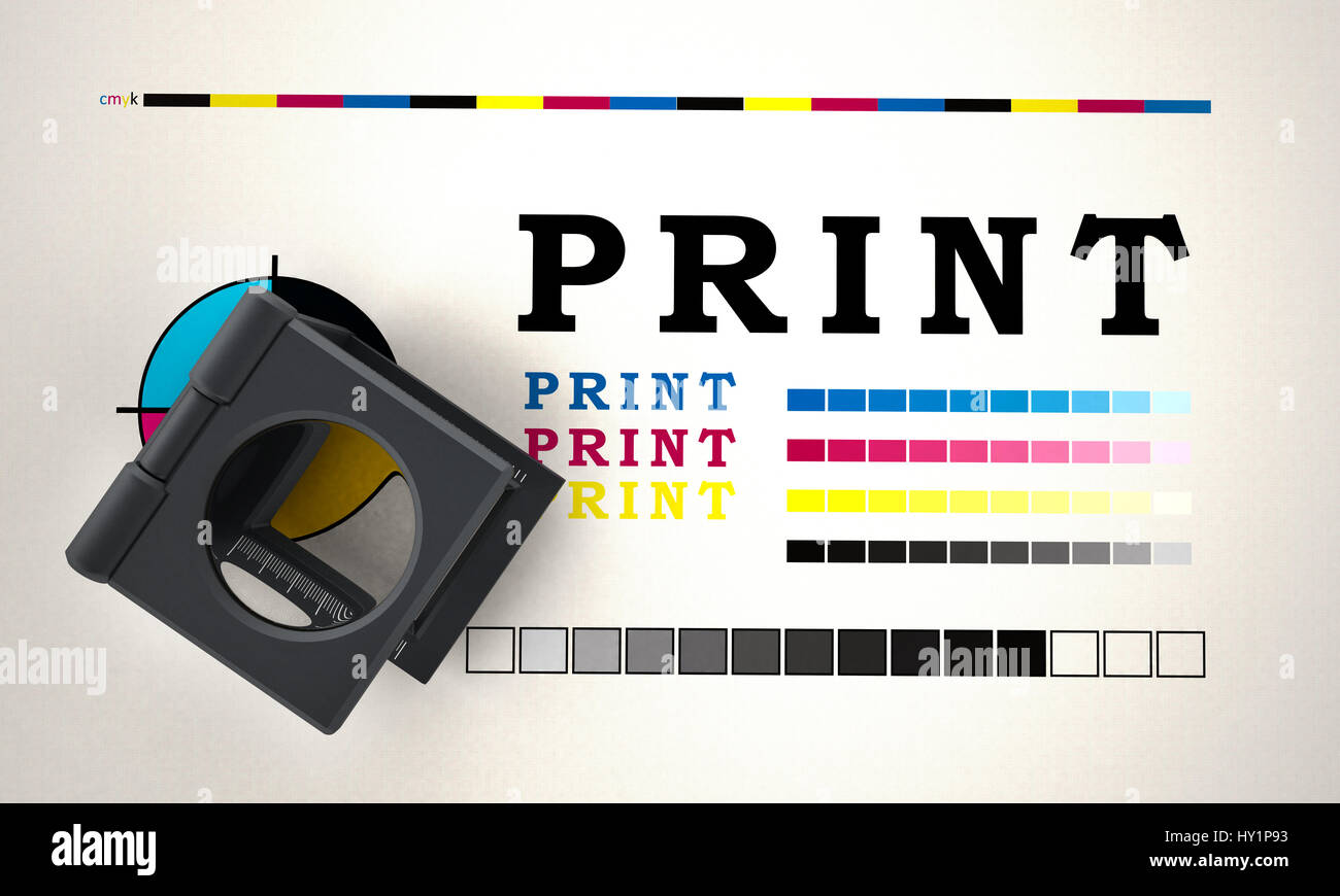 Printing loupe standing on colour test paper. 3D illustration. Stock Photo