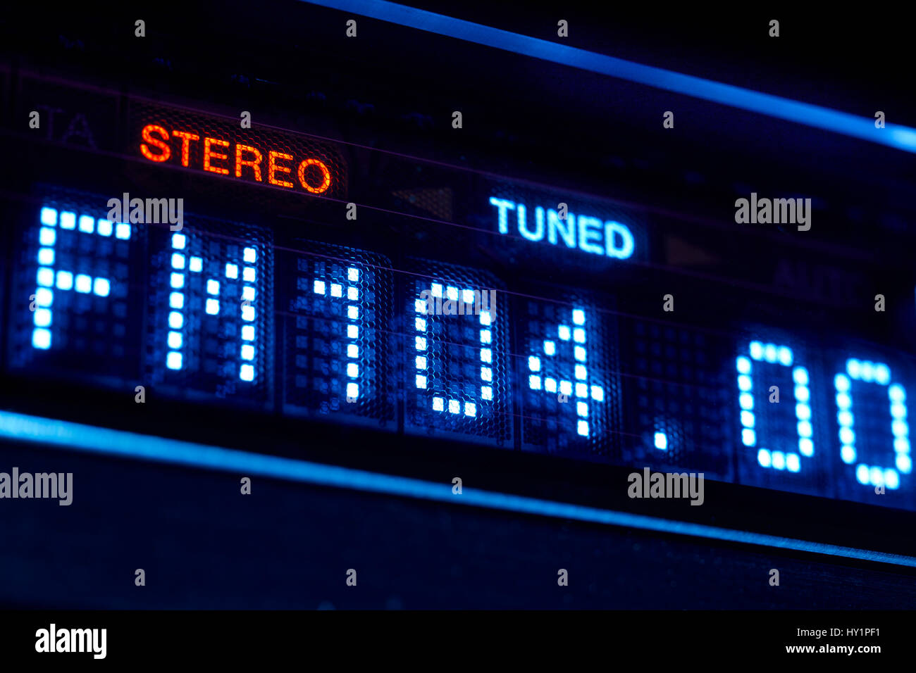 FM tuner radio display. Stereo digital frequency station tuned