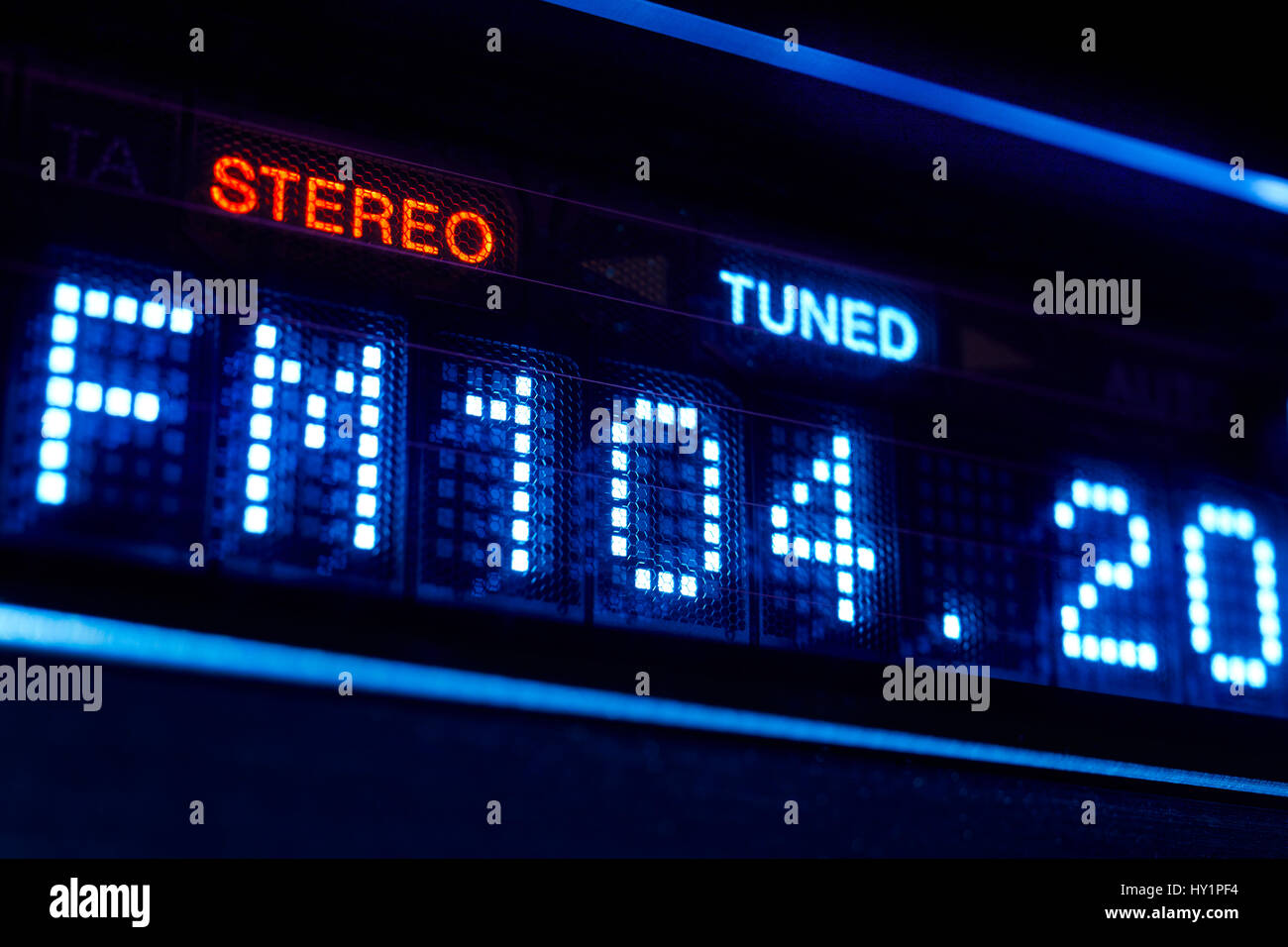 FM tuner radio display. Stereo digital frequency station tuned