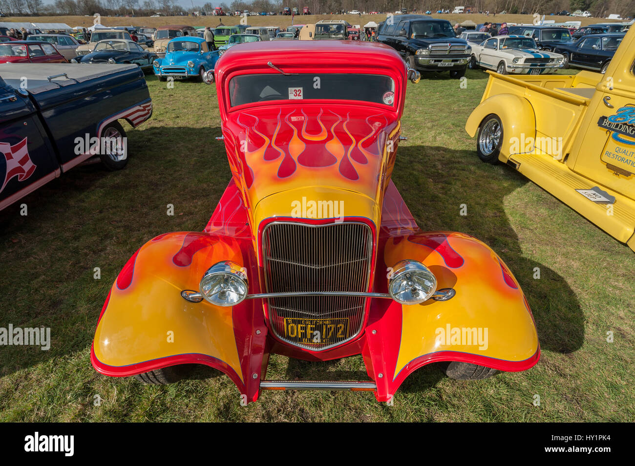 Farnborough, UK - March 29, 2013: Vintage Ford Popular custom car on display at the annual Wheels Day auto and bike show on March 29, 2013 in Farnboro Stock Photo