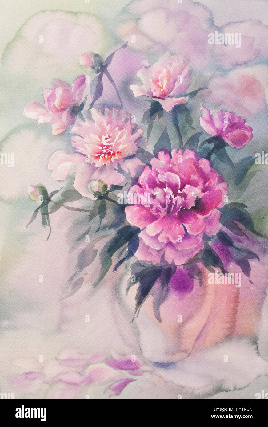 bouquet of pink peonies watercolor Stock Photo - Alamy