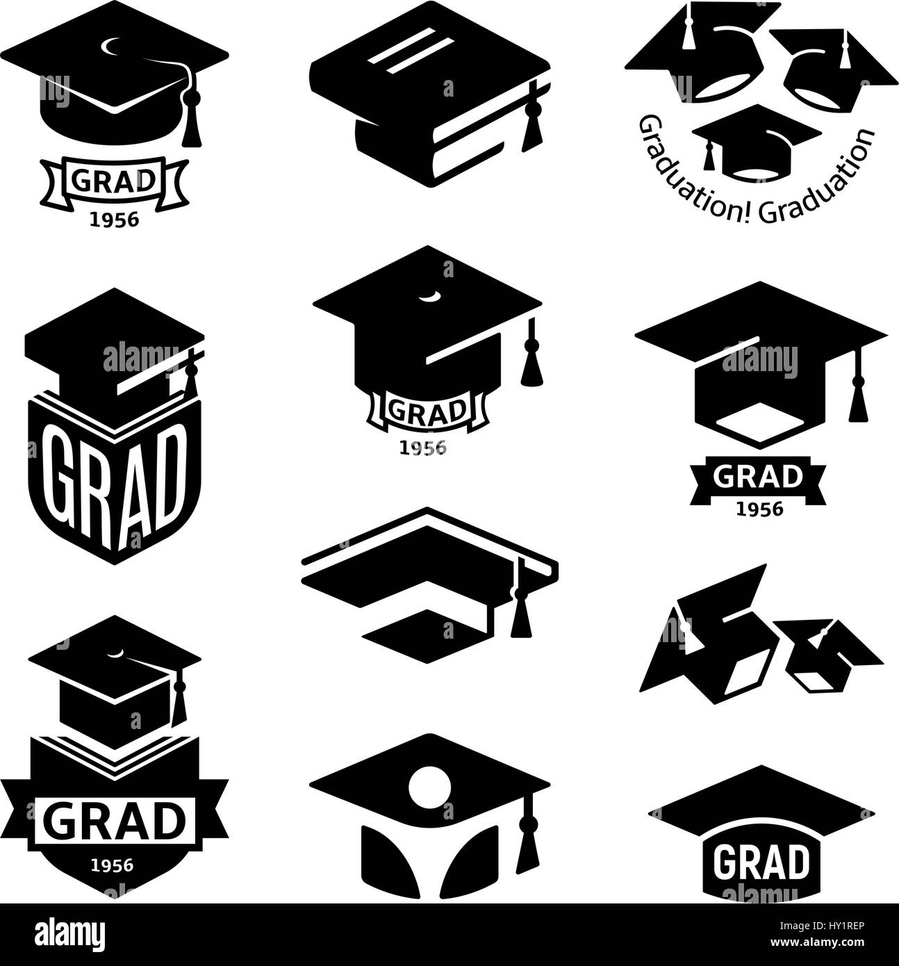 Isolated black and white color students graduation hat logo collection, mortarboard of books logotype set, university grad emblems, education element vector illustration Stock Vector