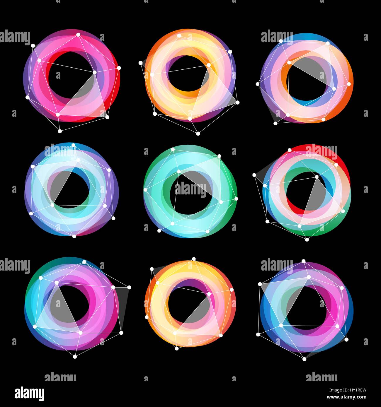 Unusual abstract geometric shapes vector logo set. Circular colorful logotypes collection on the black background. Stock Vector