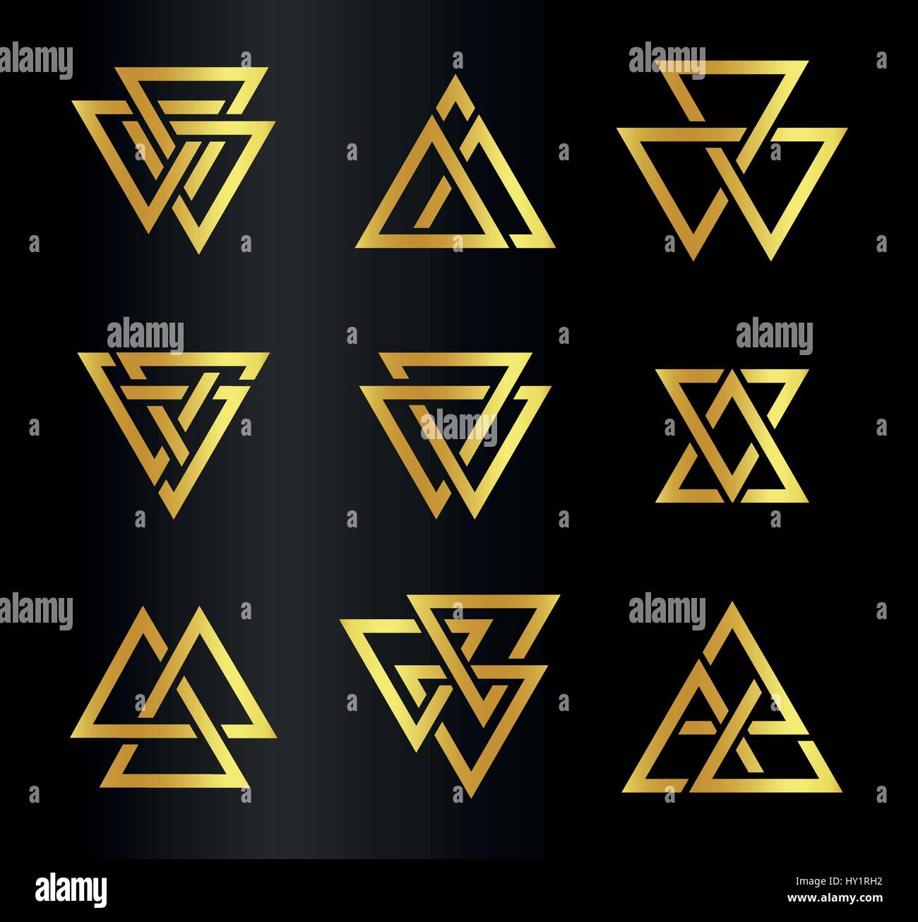 Isolated abstract golden color triangles contour logo set on black background, geometric triangular shape logotype collection,gold luxury decoration vector illustration Stock Vector